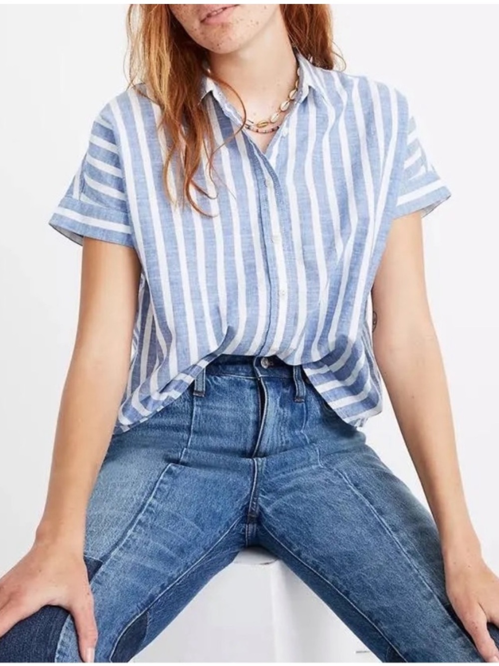 Madewell Blue and White Stripe Short-Sleeve Button-Up Top Coastal